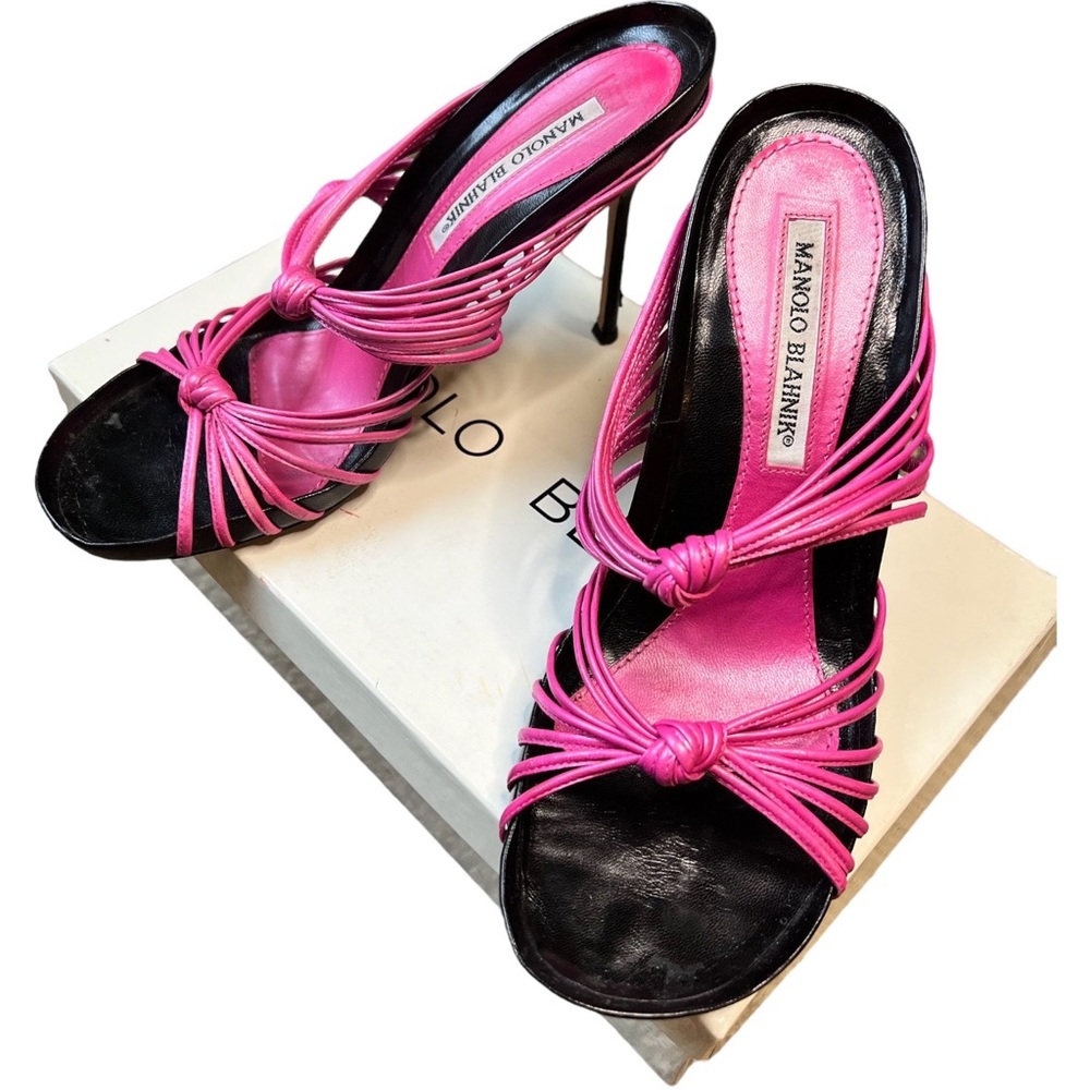 Manolo Blahnik 36.5 US 6.5 Pink Fuxia Black Sexy Strappy Stiletto Sandals Heels